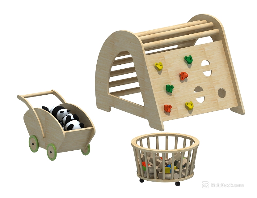 Wooden Toddler Play Equipment With Colorful Mushroom Climbing Frame Trolley And Toy Basket 3d model 