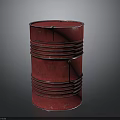 Red Oil Barrel With Metal Rings And Shiny Surface Against Dark Background
