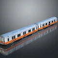 Silver and Orange Train With Two Carriages On Smooth Black Surface With Reflection