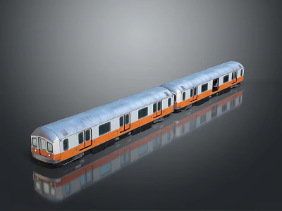 Silver and Orange Train With Two Carriages On Smooth Black Surface With Reflection 3d model
