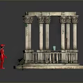 Circular Stone Garden Pavilion With Columns Ivy And Red Figure Model