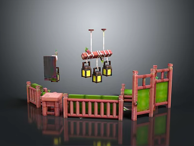 Scenic Traditional Courtyard View With Red Railings Green Walls And Hanging Lanterns 3d model