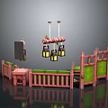 Scenic Traditional Courtyard View With Red Railings Green Walls And Hanging Lanterns