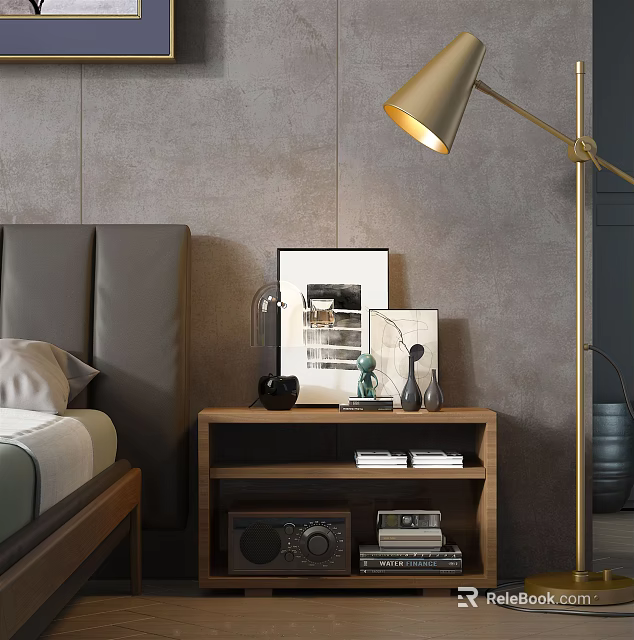 Modern Wooden Nightstand With Decorative Frames Vases And Floor Lamp In Bedroom 3d model 