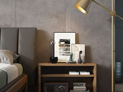 Modern Wooden Nightstand With Decorative Frames Vases And Floor Lamp In Bedroom 3d model