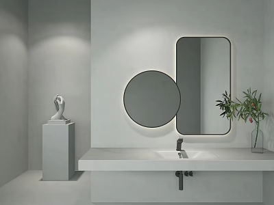 Modern Bathroom Vanity With Round And Rectangular Mirrors White Countertop And Potted Green Plant 3d model