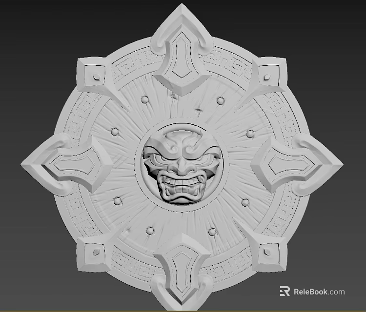 Weapon Decorative Circular Carved Mask Face With Symmetrical Intricate Patterns 3d model 