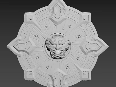 Weapon Decorative Circular Carved Mask Face With Symmetrical Intricate Patterns 3d model