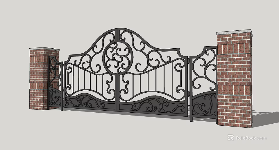 Elegant Wrought Iron Gate With Intricate Scrollwork Decorative Circular Center And Red Brick Pillars 3d model 