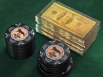 Stylish Decorative Ornament Set with Black Chips and Golden Dollar Bills on Green Background 3d model