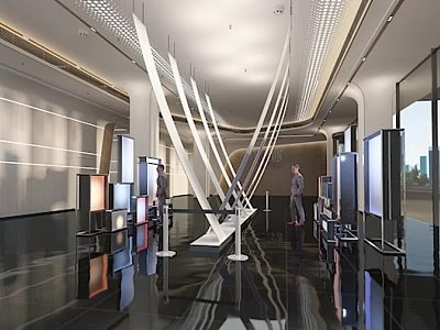 Modern Exhibition Hall With White Structural Installations Display Screens And Shiny Floor 3d model