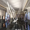 Modern Exhibition Hall With White Structural Installations Display Screens And Shiny Floor