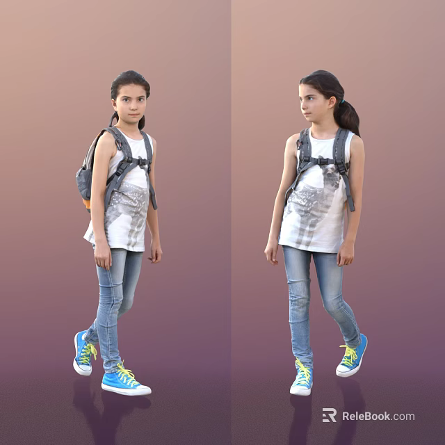 Girl In White Tank Top Blue Jeans Blue Sneakers And Backpack Two Angles View 3d model 