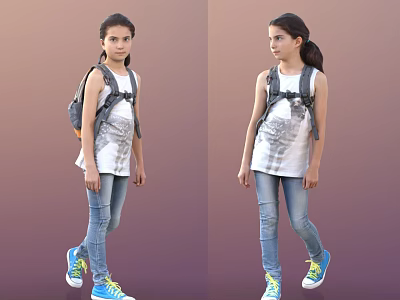 Girl In White Tank Top Blue Jeans Blue Sneakers And Backpack Two Angles View 3d model