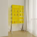 Yellow Display Shelf with Transparent Drawers Holding Small Toys and Metal Frame Indoor