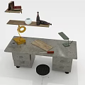 Functional Desk with Yellow Lamp Wooden Board Knife and Wheels Shelf Books Bottle White Container