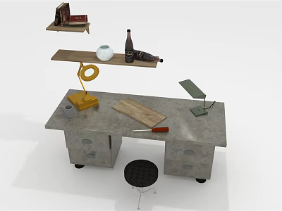 Functional Desk with Yellow Lamp Wooden Board Knife and Wheels Shelf Books Bottle White Container 3d model