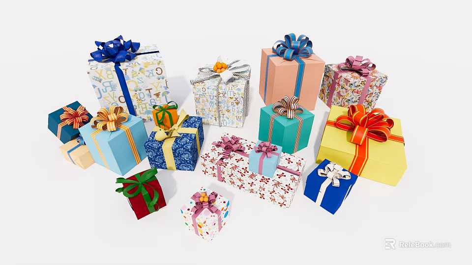 Colorful Decorative Gift Boxes With Various Ribbons Different Sizes And Wrapping Designs 3d model 