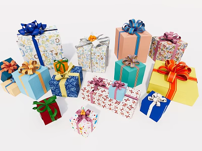 Colorful Decorative Gift Boxes With Various Ribbons Different Sizes And Wrapping Designs 3d model