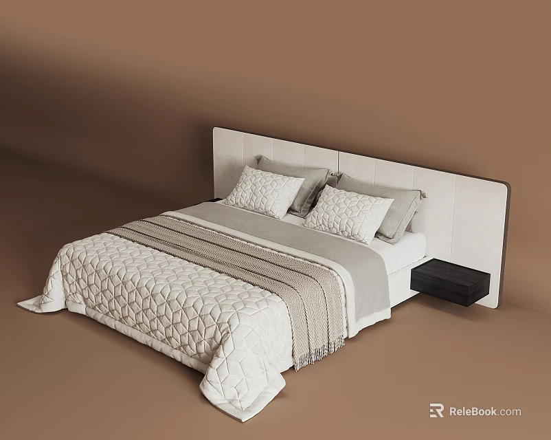 Double Bed with Upholstered Headboard Neutral Tones Quilt and Pillows Side Nightstand 3d model