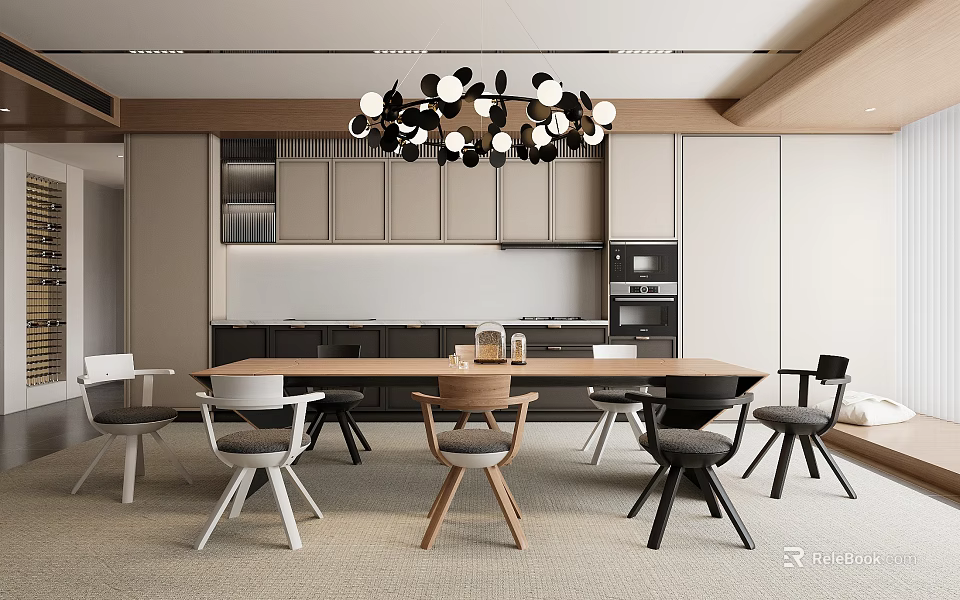 Modern Restaurant Interior With Open Kitchen Dining Table Chairs And Pendant Lights 3d model