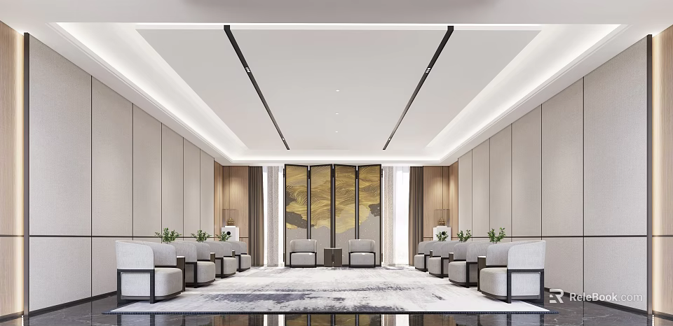 Hotel Public Lounge Area Featuring Modern Seating Golden Landscape Art and Elegant Lighting 3d model 
