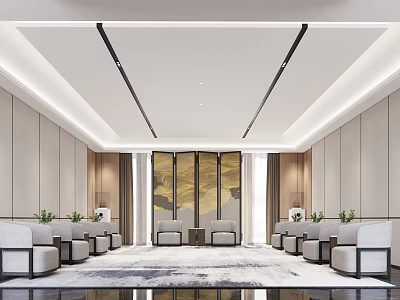 Hotel Public Lounge Area Featuring Modern Seating Golden Landscape Art and Elegant Lighting 3d model
