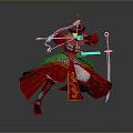 Man in Ancient Armor Wearing Red Robe With Golden Decorations Holding Bow and Sword