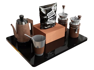 Elegant Tea Set with Brown Teapot Metal Cup and Coffee Grinders on Black Tray 3d model