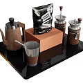 Elegant Tea Set with Brown Teapot Metal Cup and Coffee Grinders on Black Tray