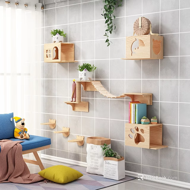 Wooden Pet Furniture Wall Mounted Cat Tree Shelves with Cat House Plants Books and Decor 3d model 
