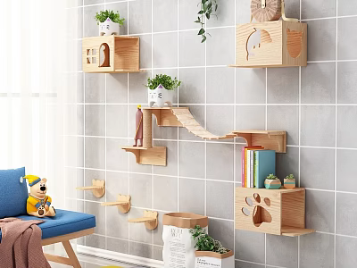 Wooden Pet Furniture Wall Mounted Cat Tree Shelves with Cat House Plants Books and Decor 3d model
