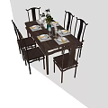 Dark Brown Solid Wood Chinese Dining Table Set With Six Carved Chairs And Tableware 3d model