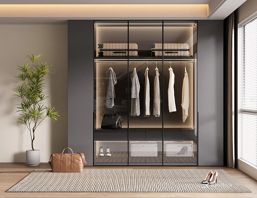 Modern Wardrobe Interior With Glass Doors Hanging Clothes And Potted Plant 3d model 