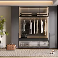 Modern Wardrobe Interior With Glass Doors Hanging Clothes And Potted Plant