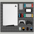 Organized Gaming Gear with White PlayStation Console Game Boy Switch Controllers Mice on Gray Pegboard