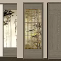 Wooden Swing Doors Featuring Bamboo Tree Patterns Vertical Slat Grille And Solid Wood Grain 3d model