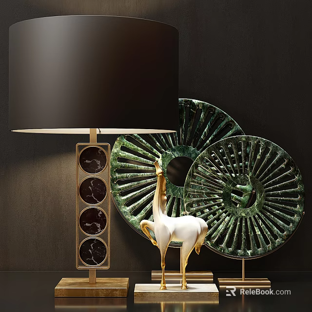 Decorative Ornament Set With Green Circular Ornaments White Animal Figurine Black Marble Panel And Gold Accents 3d model 