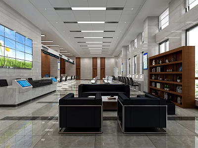 Modern Bright Service Hall Interior With Large Screens Waiting Area Sofas And Bookshelves 3d model