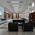 Modern Bright Service Hall Interior With Large Screens Waiting Area Sofas And Bookshelves