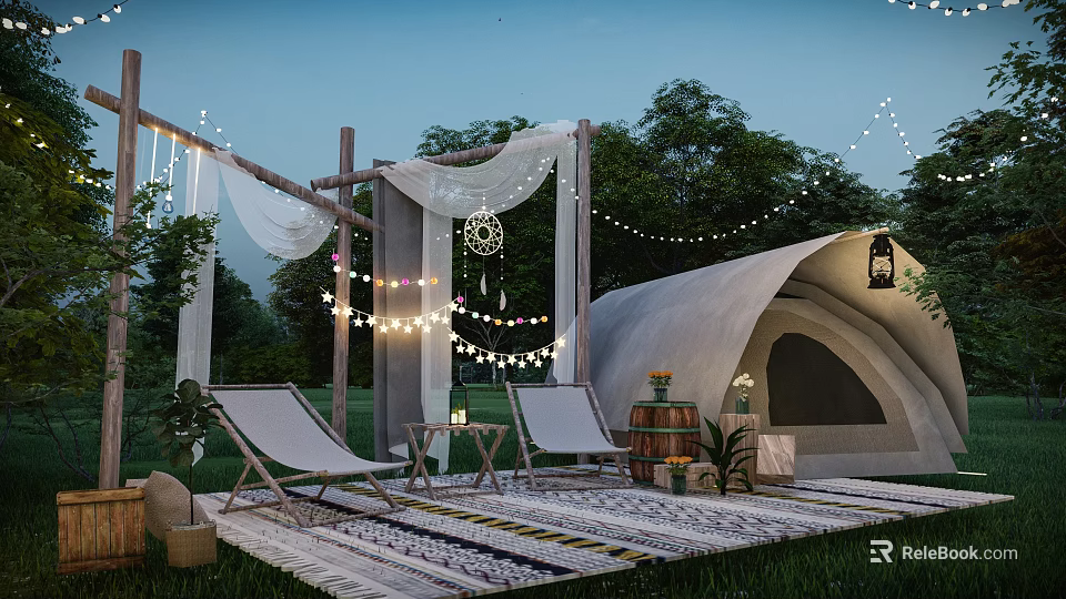Outdoor Garden Landscape With Glamping Tent Lounge Chairs String Lights Sheer Curtains And Green Plants 3d model 