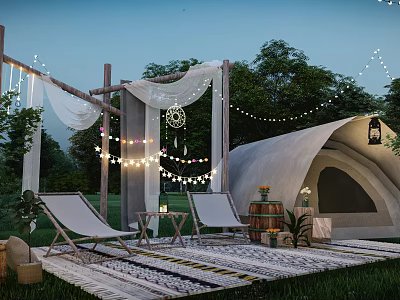 Outdoor Garden Landscape With Glamping Tent Lounge Chairs String Lights Sheer Curtains And Green Plants 3d model