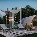 Outdoor Garden Landscape With Glamping Tent Lounge Chairs String Lights Sheer Curtains And Green Plants