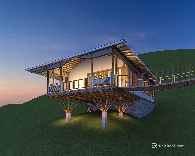 Detached Villa on Hillside With Elevated Wooden Structure Evening Sky And Green Lawn Lighting 3d model 