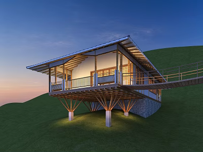 Detached Villa on Hillside With Elevated Wooden Structure Evening Sky And Green Lawn Lighting 3d model