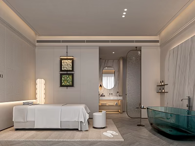 SPA Sauna Relaxation Room with Massage Bed Glass Bathtub Decorative Paintings and Soft Lighting 3d model