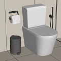 White Modern Toilet with Toilet Paper Holder and Black Trash Bin in Contemporary Bathroom Interior