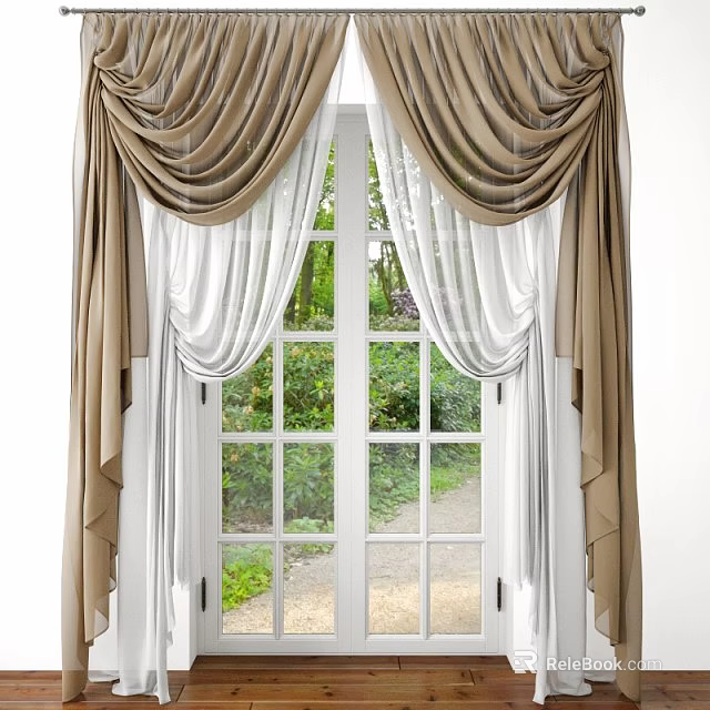 Elegant Beige and White Layered Curtains with Pleated Top by Window and Natural View 3d model 