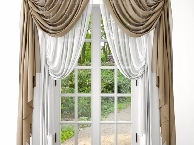 Elegant Beige and White Layered Curtains with Pleated Top by Window and Natural View 3d model