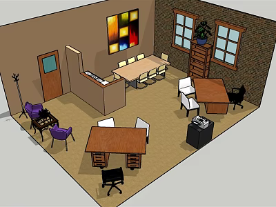 Modern Office Interior Design With Conference Table Desks Chairs Windows And Bookshelf 3d model